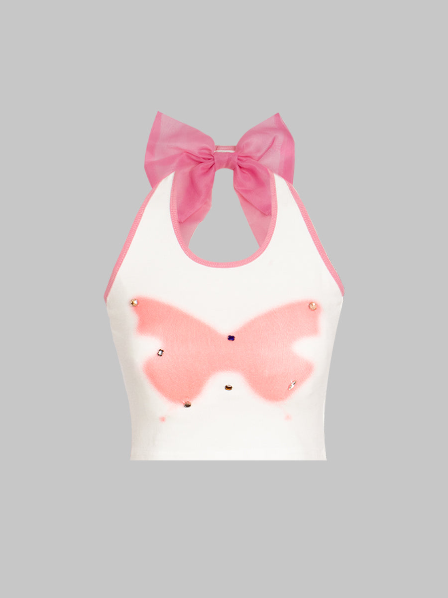 Butterfly Printed Rhinestone Mesh Large Bow Halter Top
