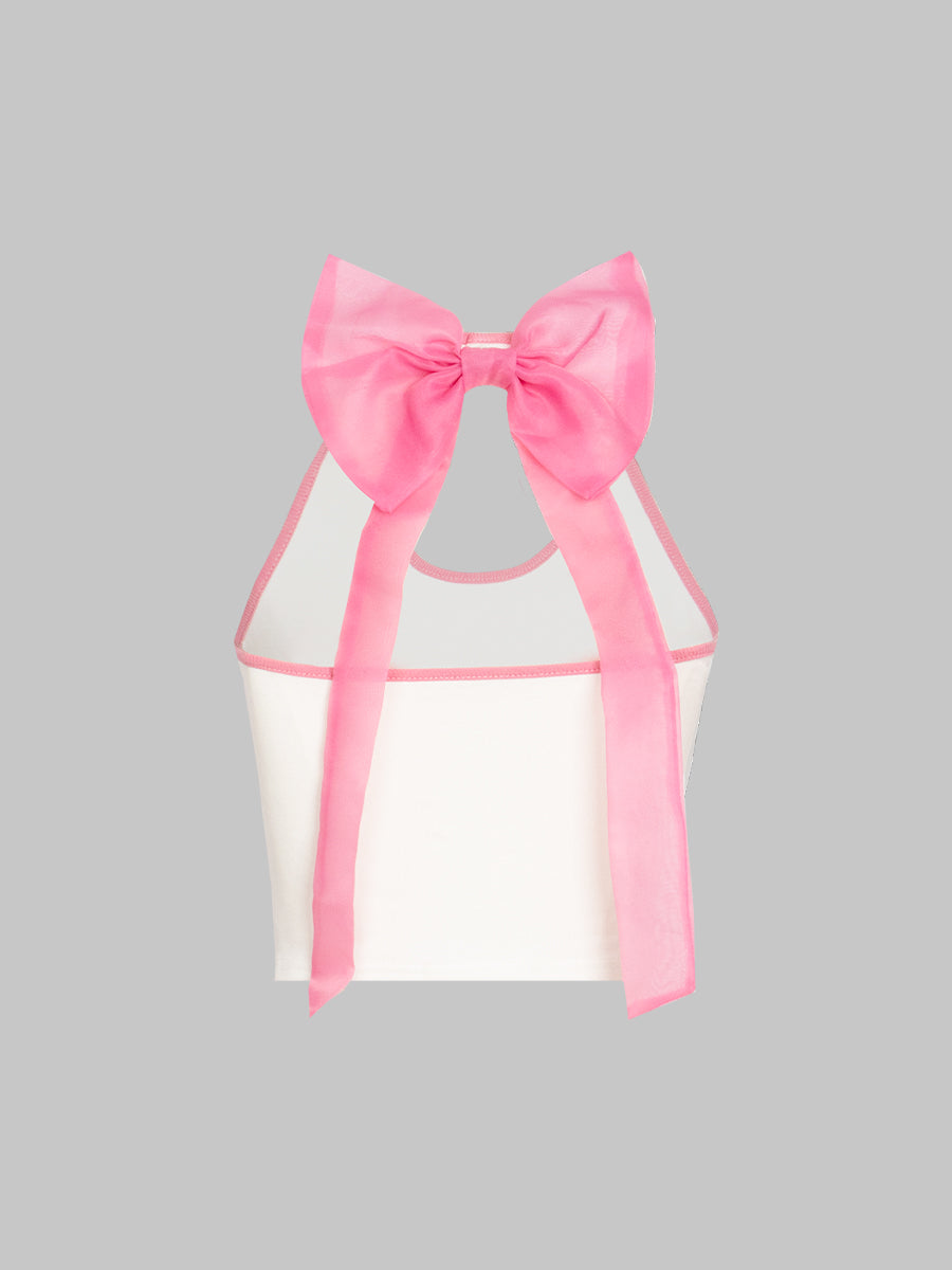 Butterfly Printed Rhinestone Mesh Large Bow Halter Top