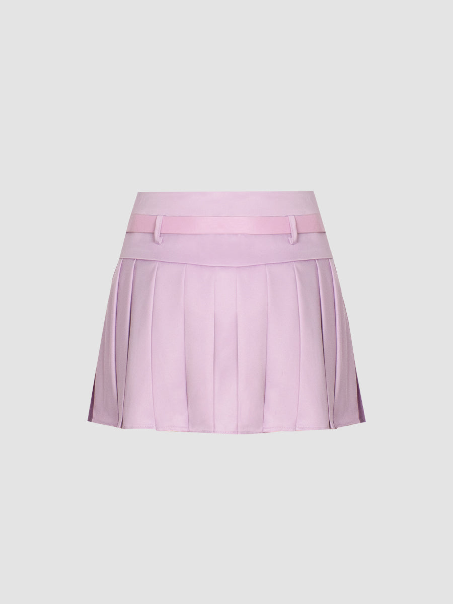 Silk Strapless Crop Top with Floral Choker + Pleated Skirt with Belt Two Piece Set