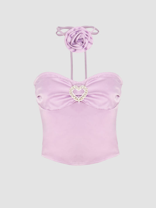 Silk Strapless Crop Top with Floral Choker + Pleated Skirt with Belt Two Piece Set