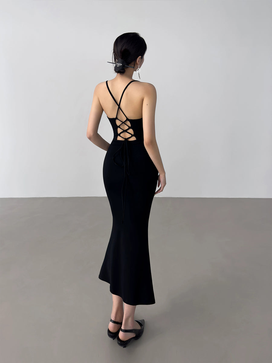 Solid Color Backless Mermaid Hem Cami Long Dress