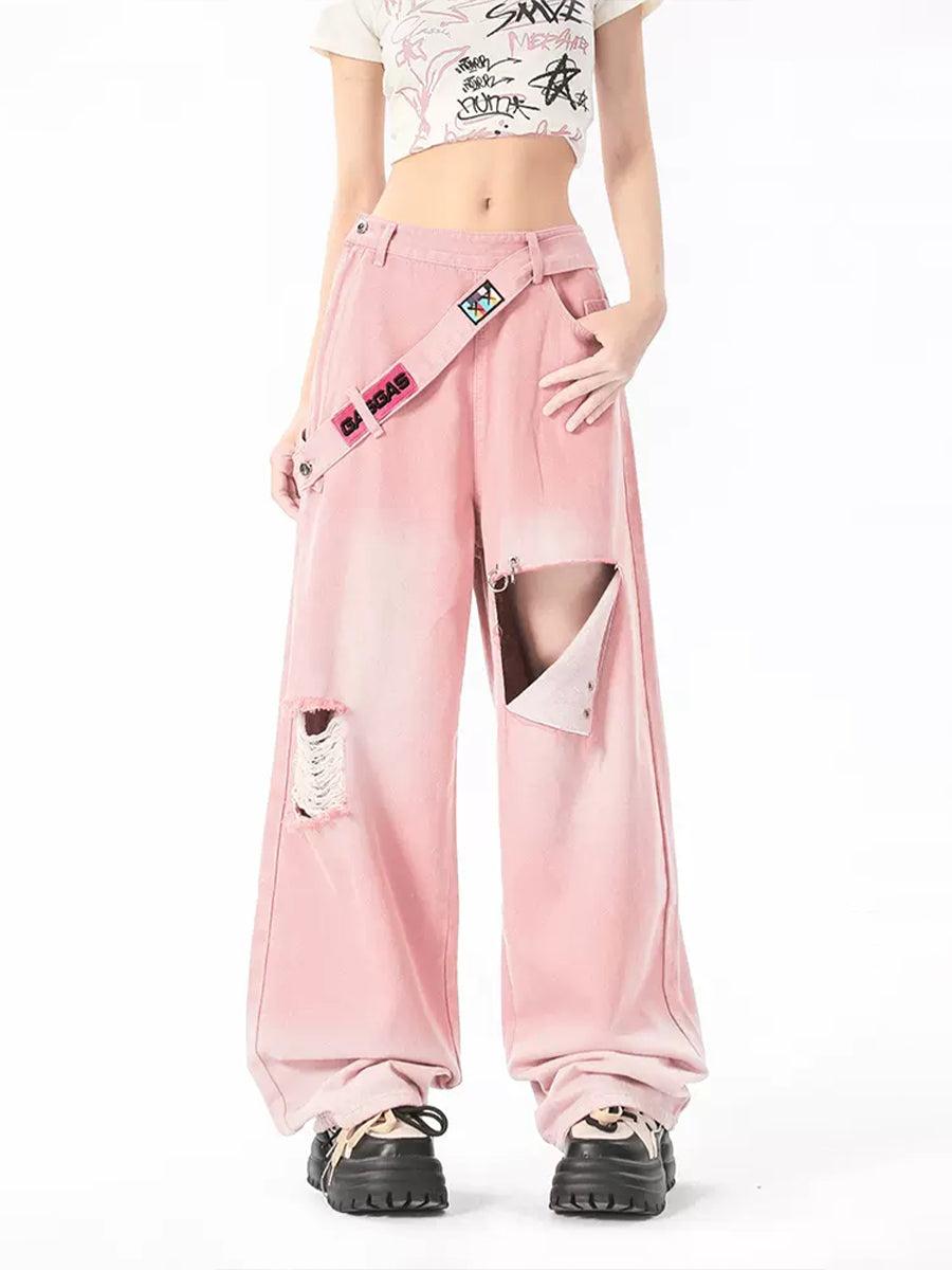 Solid Color Loose Fit Side Zipper Jeans