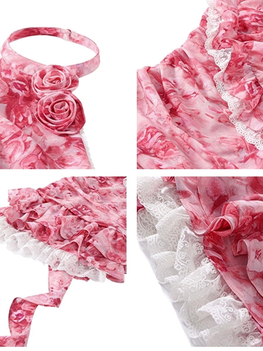 Pink Floral Backless Halter Dress
