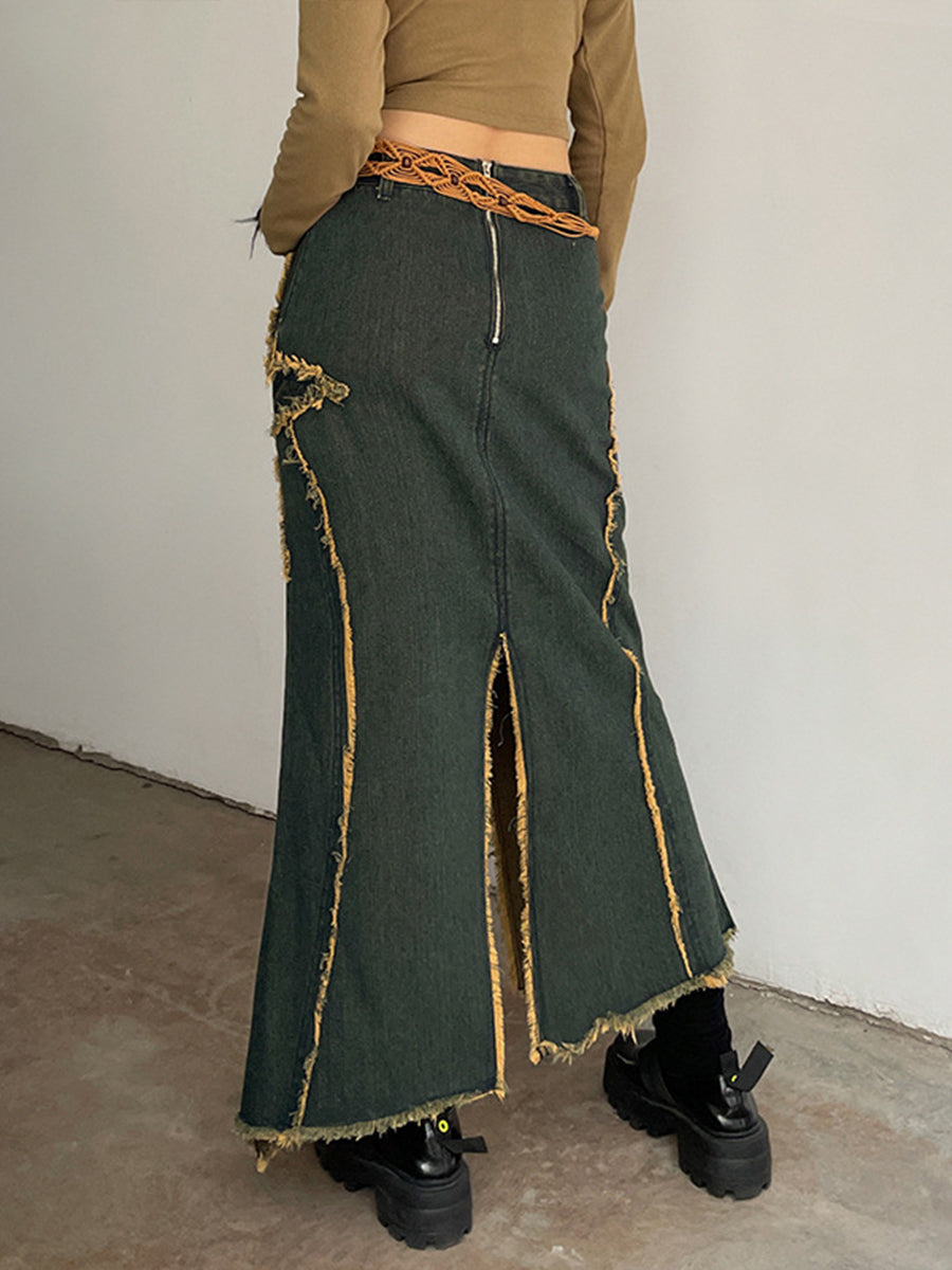 Star Irregular Hem Denim Long Skirt