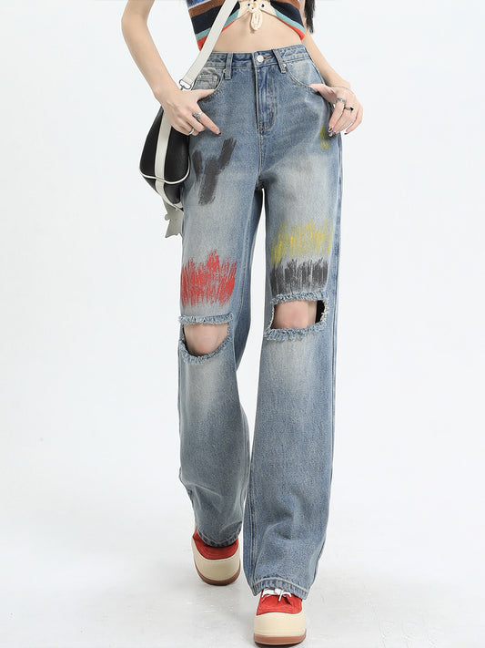 Graffiti Ripped Denim Jeans
