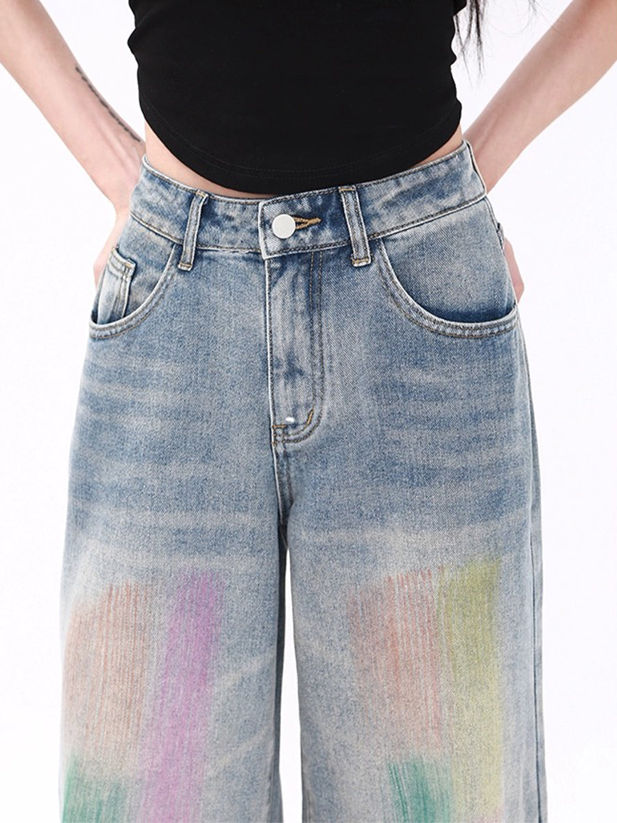 High-Waisted Rainbow Tie-Dye Loose Jeans