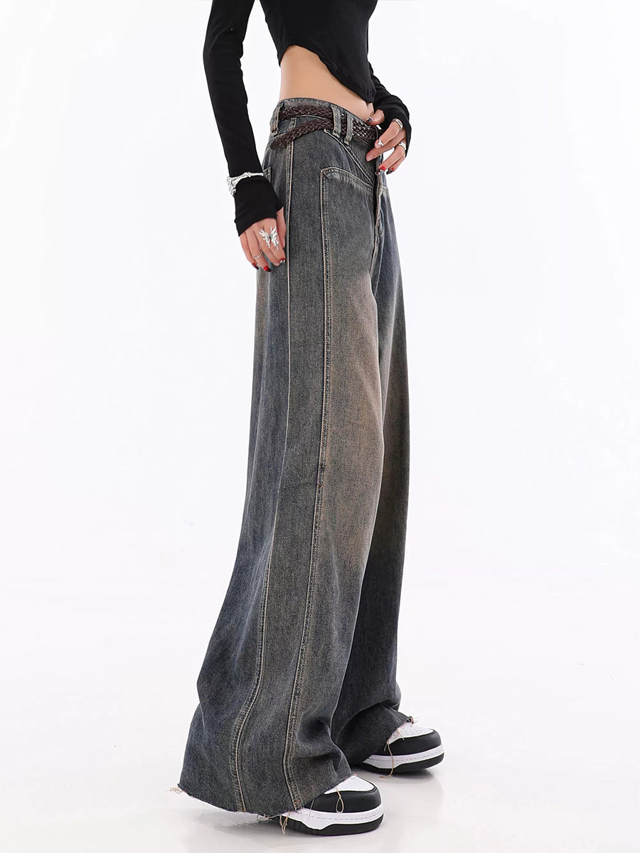 Vintage Relaxed Fit Grey Raw Edge Hem Denim Jeans