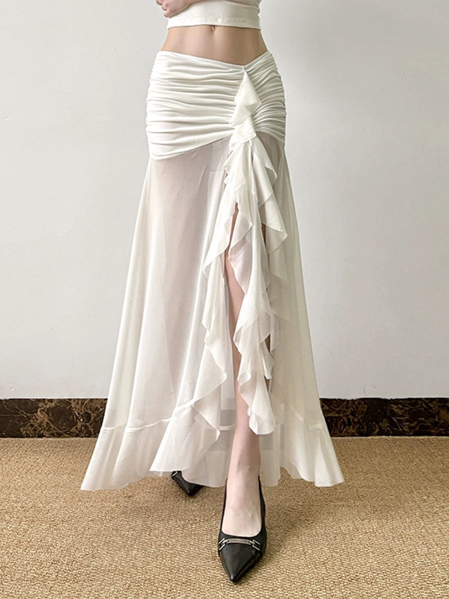 Irregular Ruffle Flutter Mesh Midi Skirt
