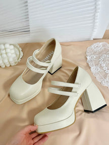 Buckle Decor Platform Chunky Heel White Mary Janes Shoes