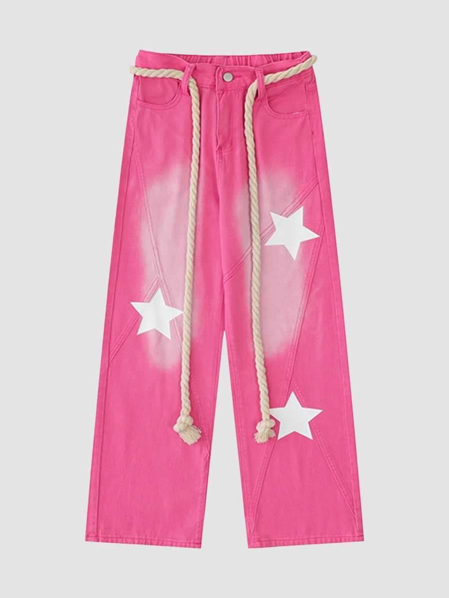 Y2K Pink Loose White Stars Print Jeans with Belted Rope