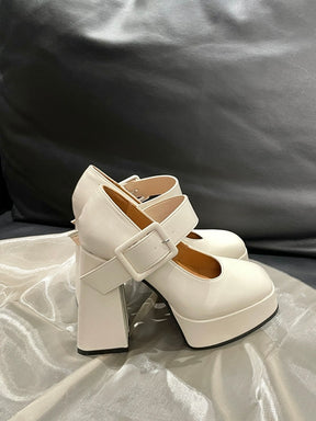 White Buckle Decor Platform Chunky Heel Mary Janes Shoes