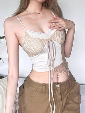 Beige Woven Cutout Fake Two Piece Camisole Top