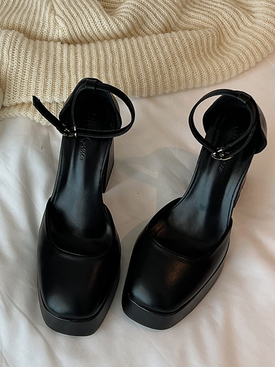 Buckle Decor Thin Ankle Strap Platform Chunky Heel Mary Janes Pumps Shoes