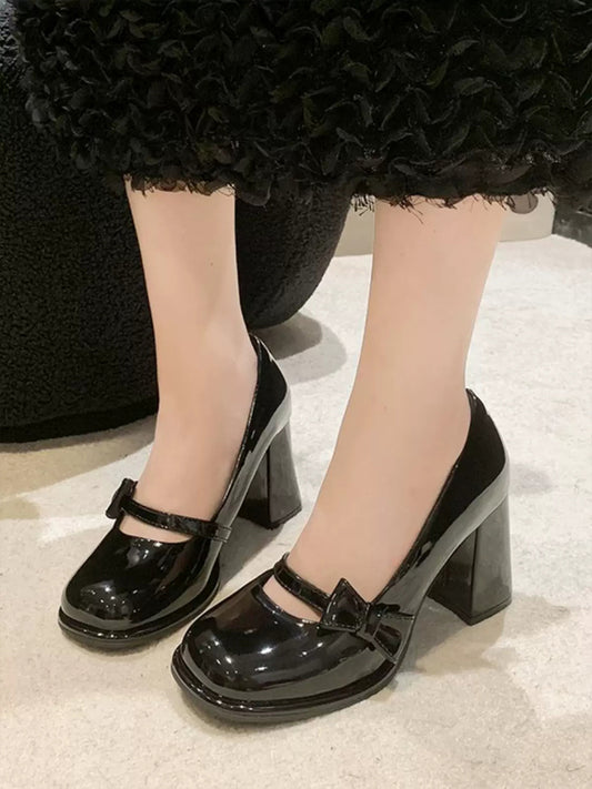 Bow Tie Decoration Chunky Heeled Ankle Strap Mary Jane Pumps Shoes