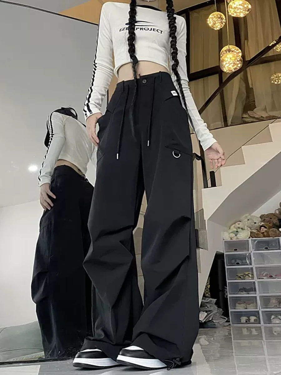 Solid Color Casual Loose Waist Drawstring Pants