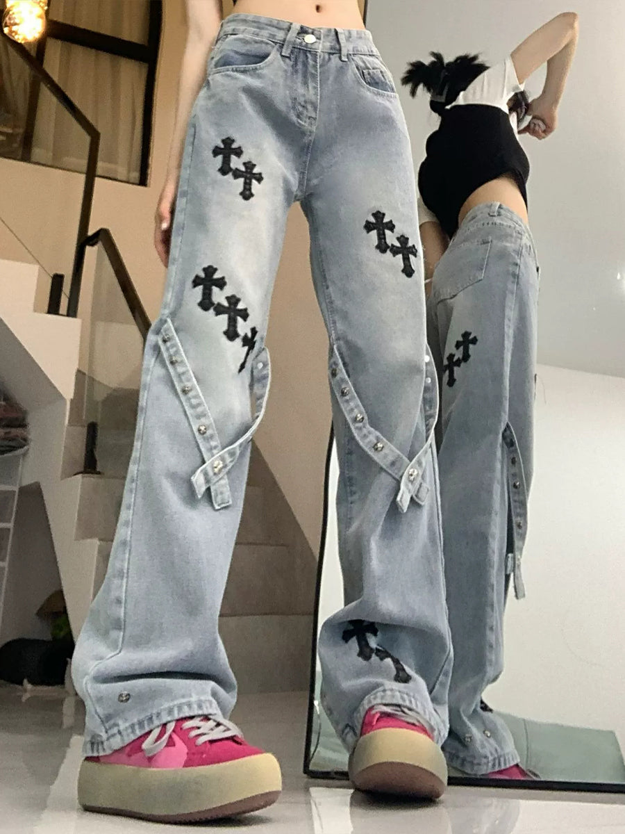 Y2K Black Cross Embroidered Blue Loose Fit Jeans