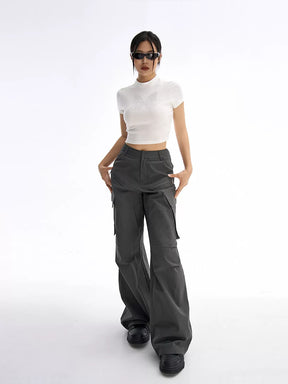 Dark Gray Straight Leg High Waist Casual Cargo Pants