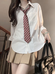 Classic Loose Striped Long Sleeve Shirt with Tie Belt