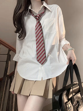 Classic Loose Striped Long Sleeve Shirt with Tie Belt