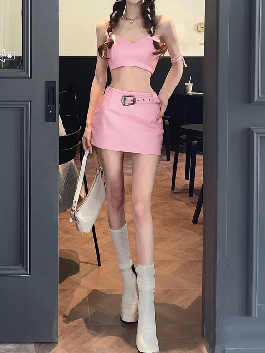 Barbie Pink Camisole Top + A-line Skirt with Belt Set