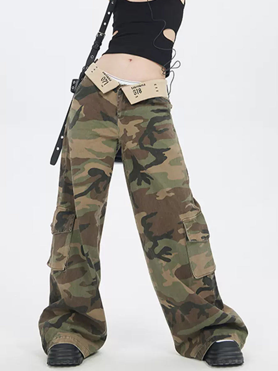 Streetwear Camouflage Cargo Pants Denim Vintage High Waist Jeans