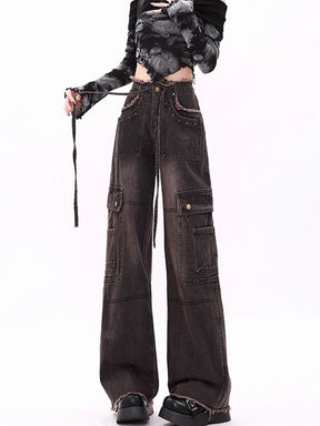 High Waist Drawstring Loose Cargo Ripped Jeans