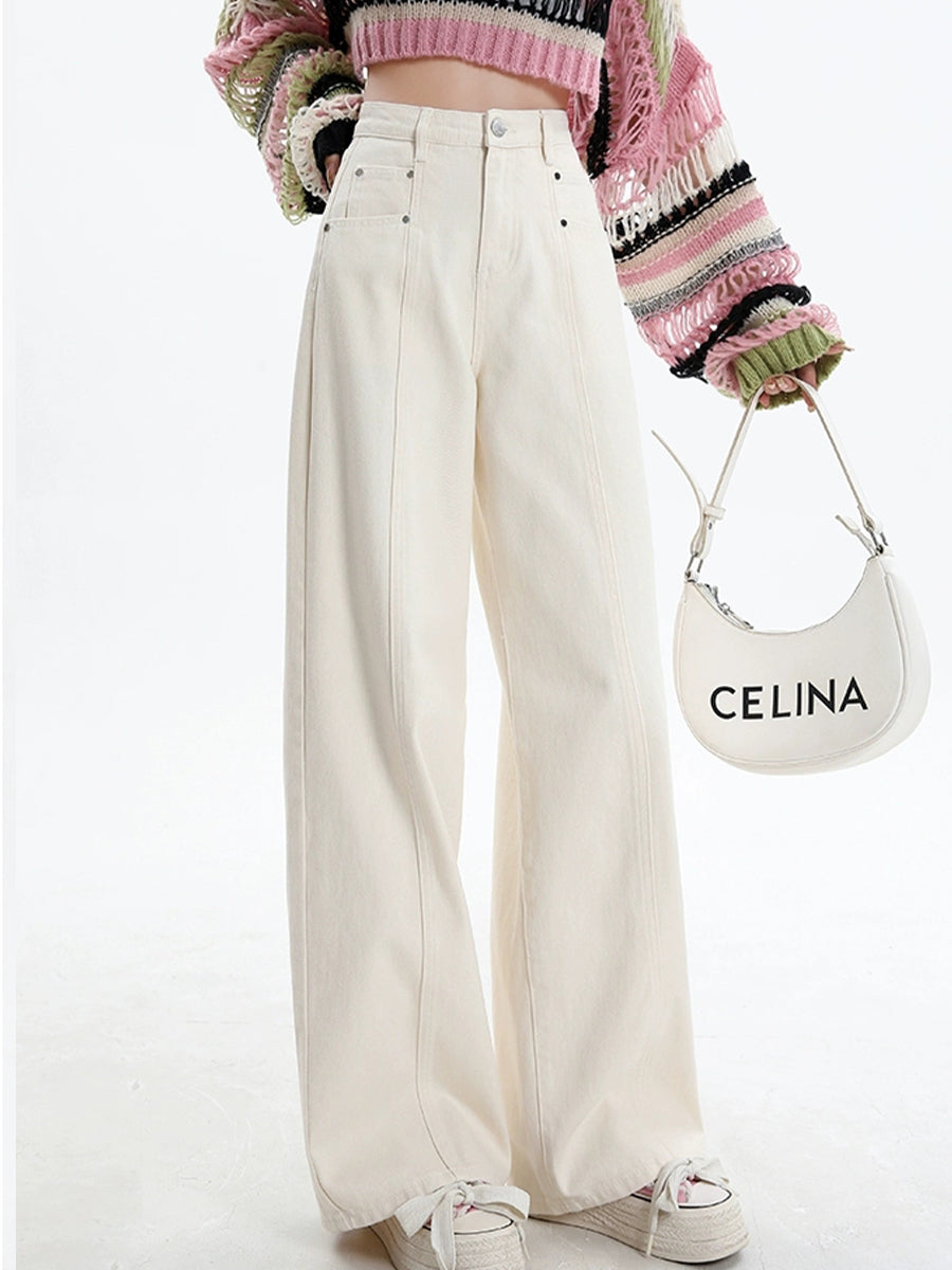 Solid Color Straight Leg Loose White Jeans