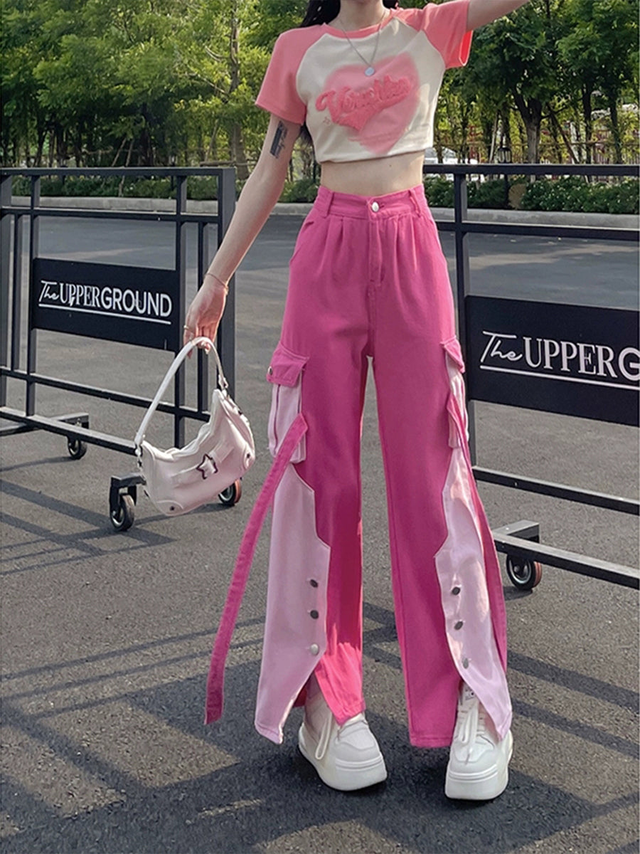 Pink Loose Buttoned Denim Jeans
