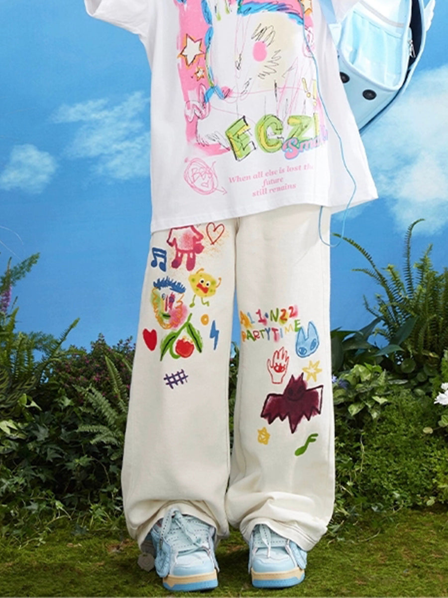 Cartoon Graffiti White Denim Jeans