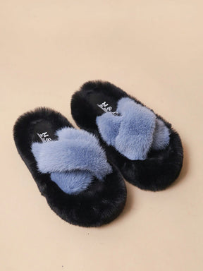 Criss Cross Straps Casual Indoors Slippers Fluffy Faux Fuzzy Fur  Slides