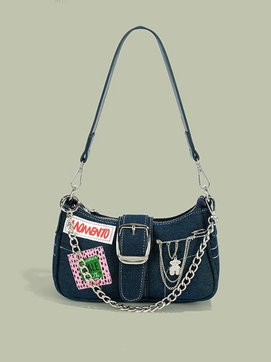 Chain Denim Baguette Handbag