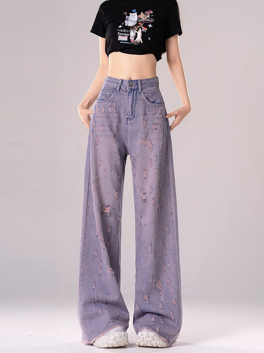 High Waist Purple Ripped Loose Denim Jeans
