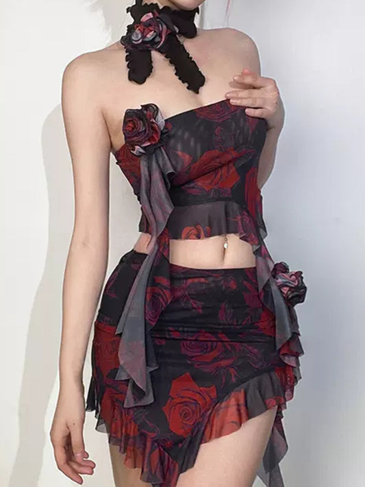 Floral Printed Rose Accessory Slim Fit Strapless Top+Skirt+Rose Choker Two Piece Suit