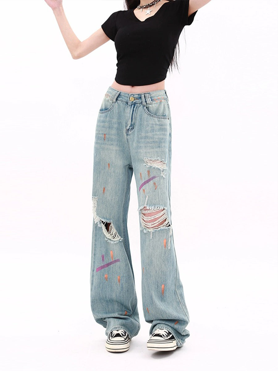 High Waisted Graffiti Pattern Ripped Denim Jeans