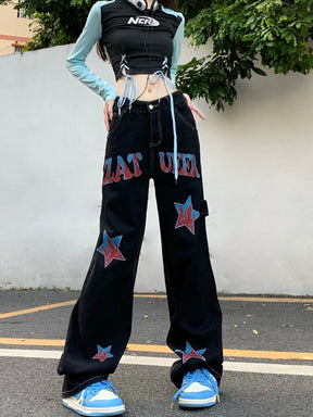 Black Denim Stars High Waist Jeans