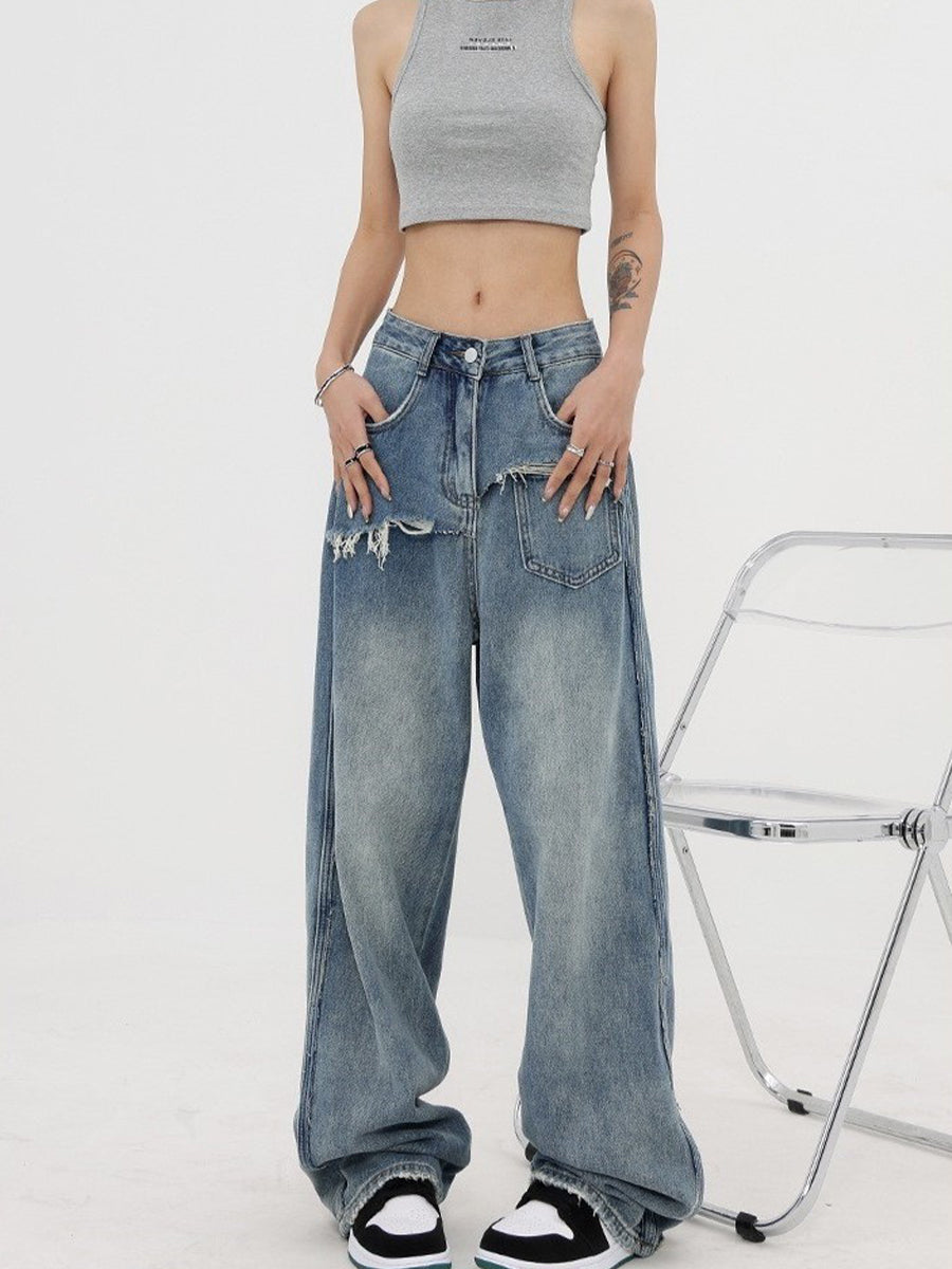 Vintage Design Loose Low Rise Straight Leg Blue Denim Jeans