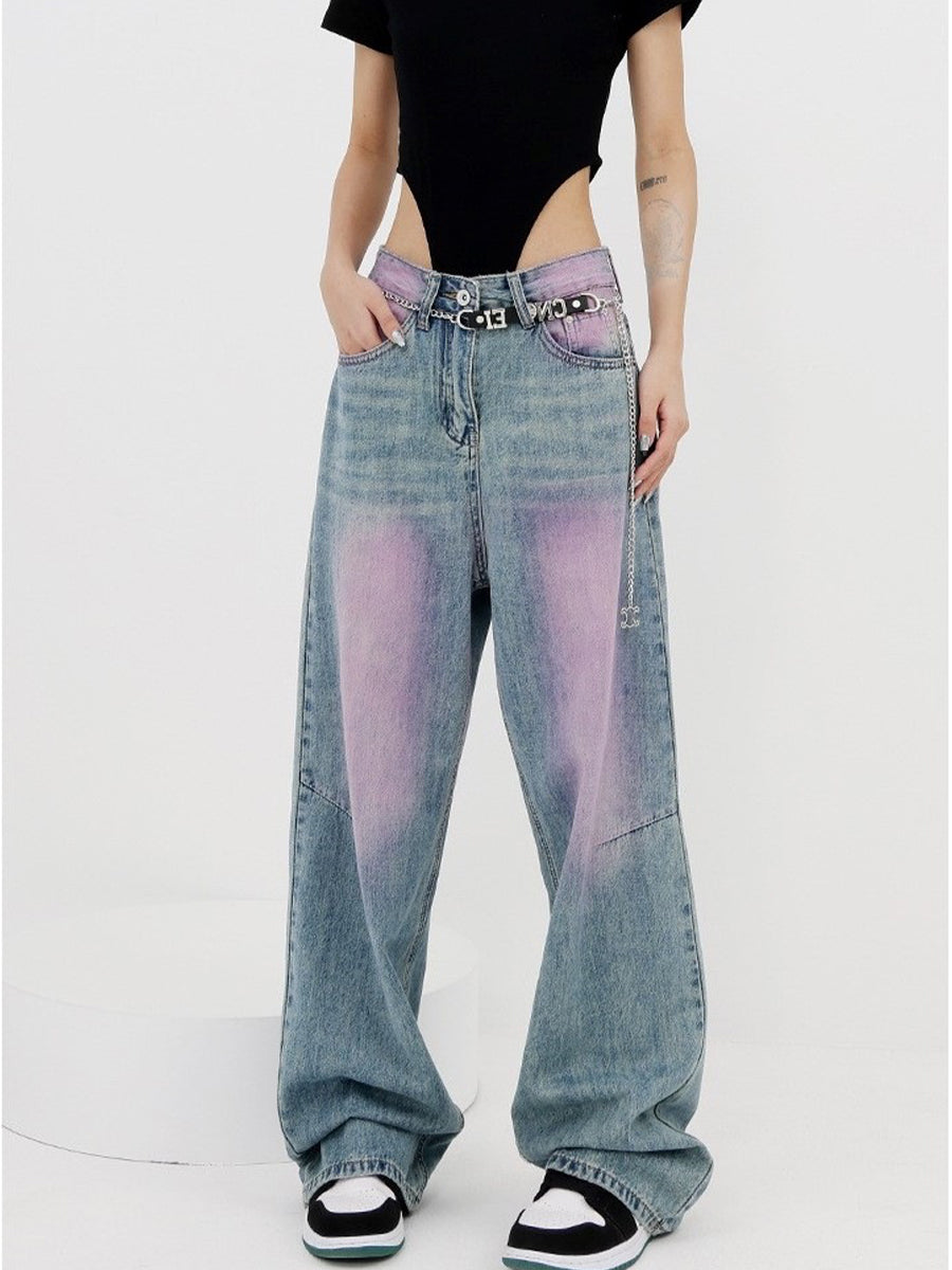 Y2K Plus Plus Loose Tie-Dye Blue Pink Color Clash High Waist Straight Long Jeans