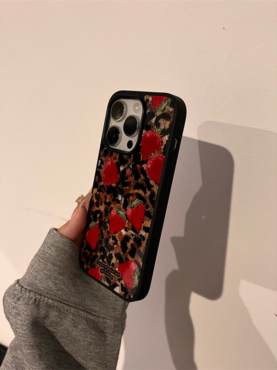 Cool Fashion Leopard Strawberry Black Frame Acrylic Phone Case