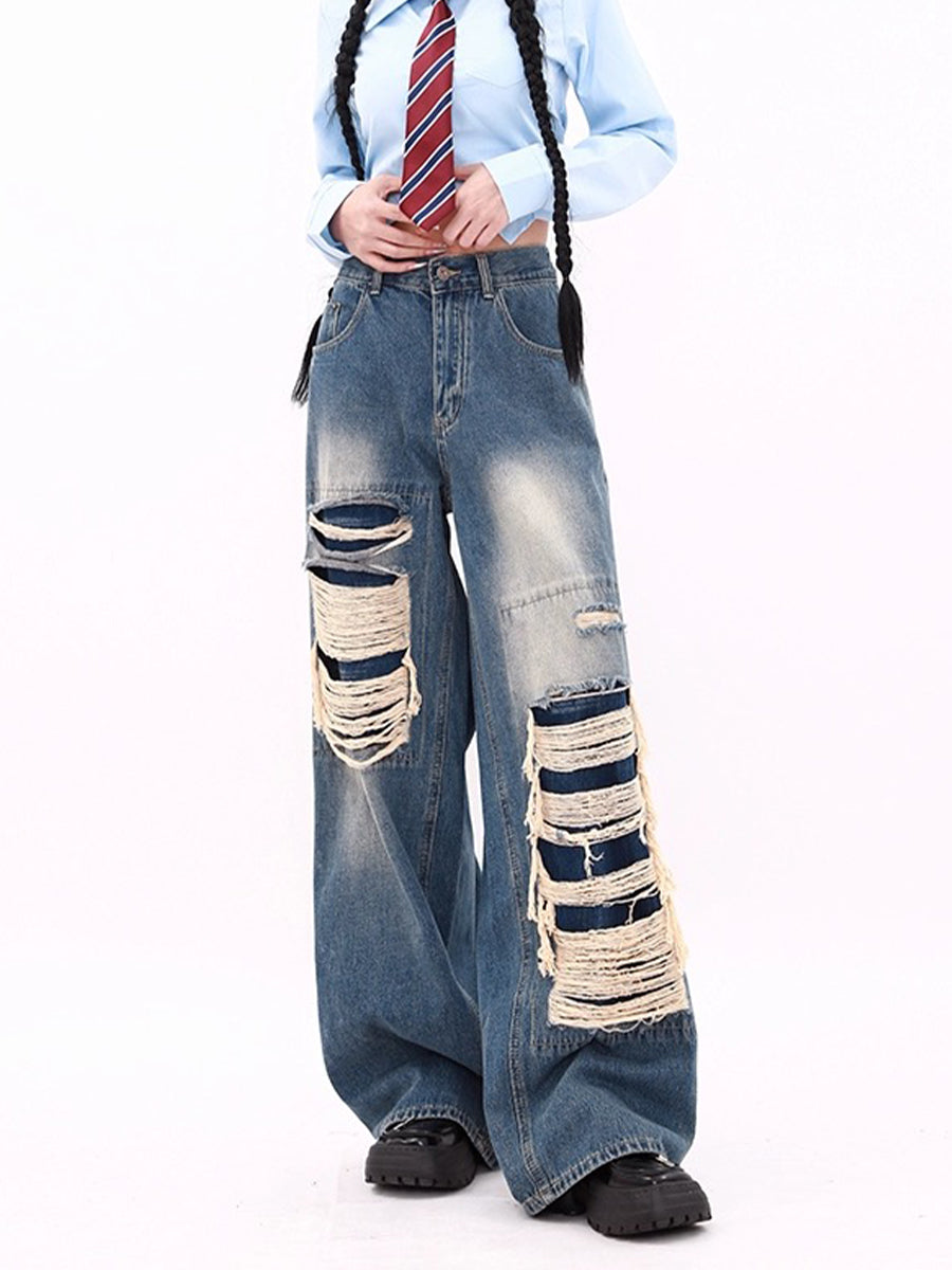 Blue High-Waisted Ripped Baggy Wide-Leg Jeans