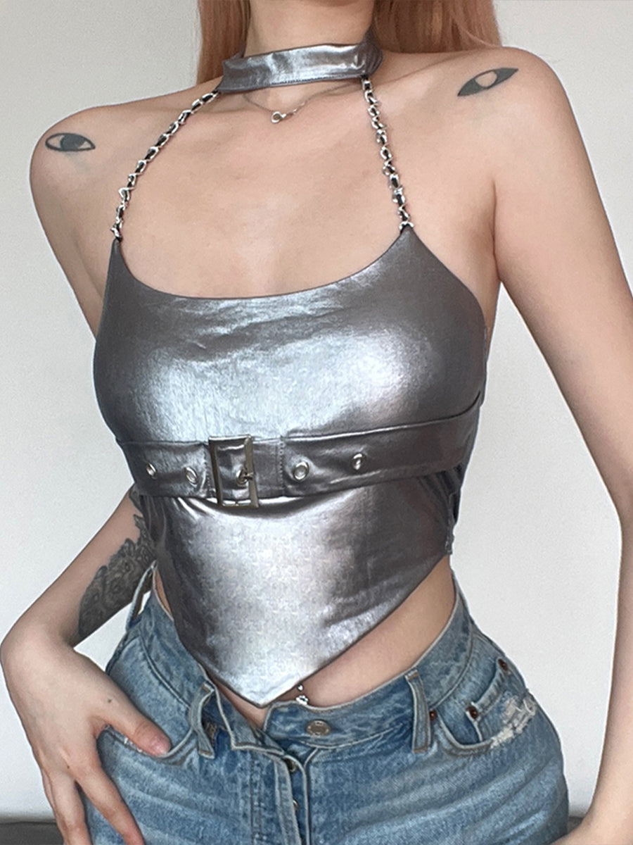 Silver Shiny Metal Chain Halter Top