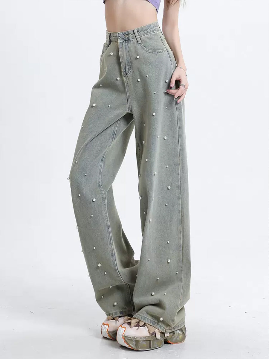 Grey Faux Pearl Studded Straight Jeans