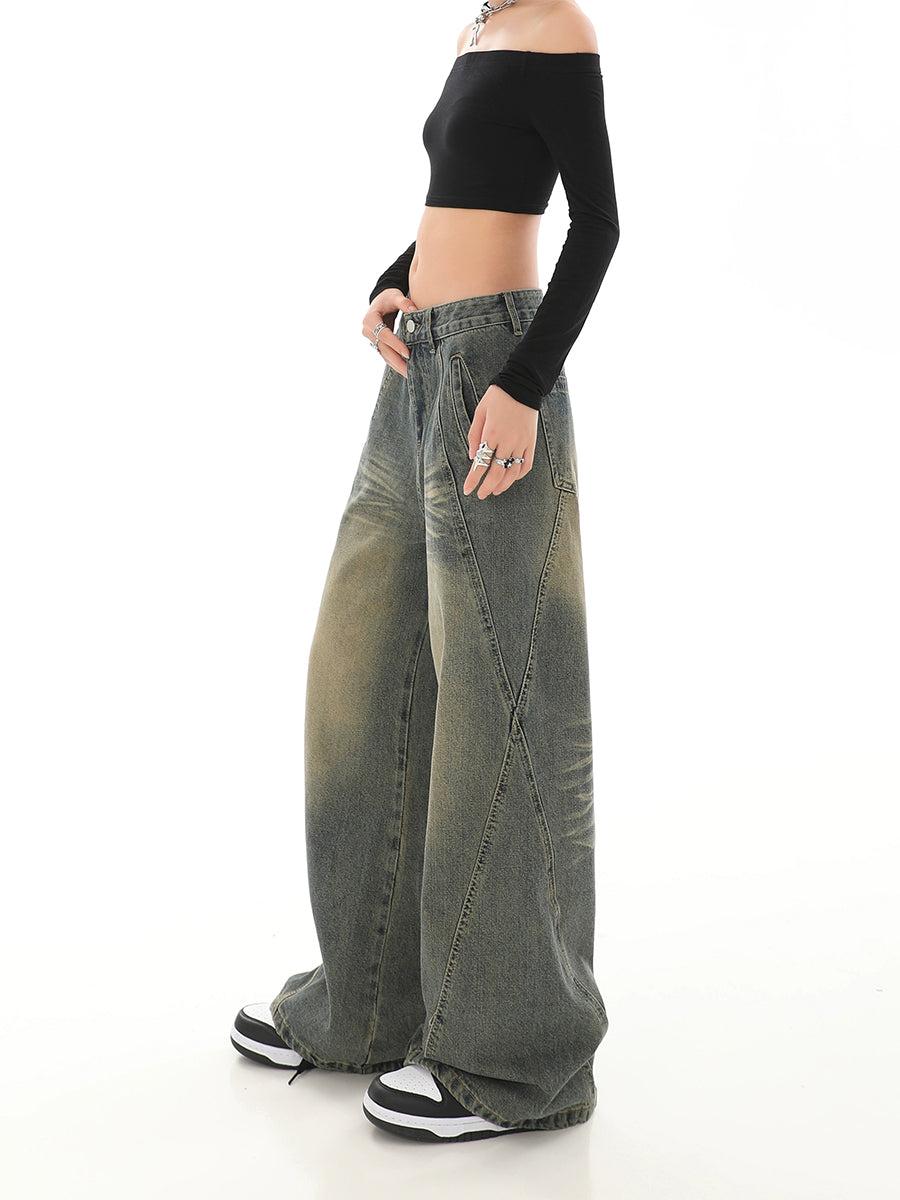 Vintage Relaxed Fit Grey Wide Leg Denim Jeans