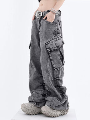 Gray High Rise Wide Cargo Jeans Pockets Pants