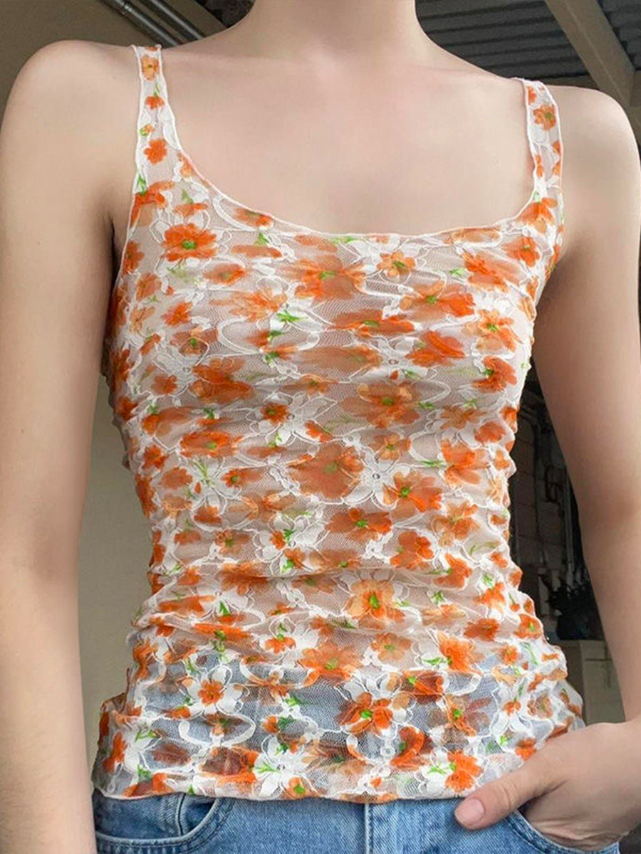 Lace Floral Orange Slimming Tank Top