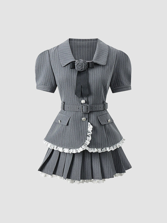 Striped Gray Top + Pleated Skirt with Tie Set