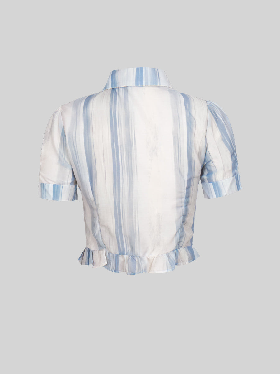 Blue Bubble Sleeve Plaid Shirt Top + Skirt Set