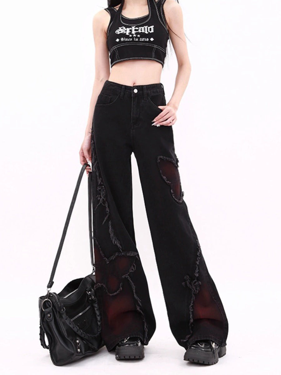 Butterfly Patchwork Loose Frayed Hem Jeans