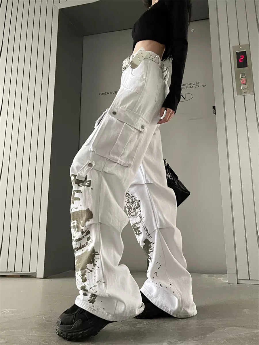 Casual Graffiti White Loose Jeans