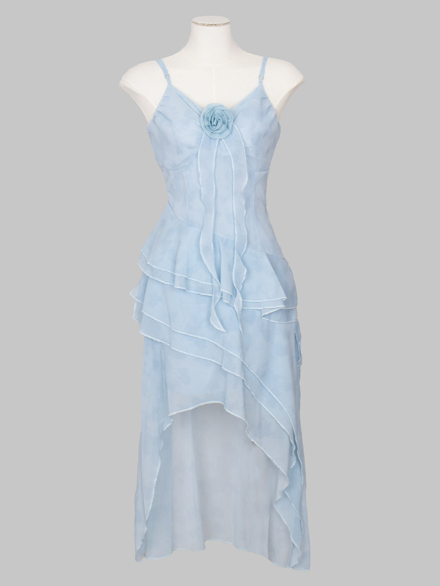 Blue Floral Print Irregular Long Dress
