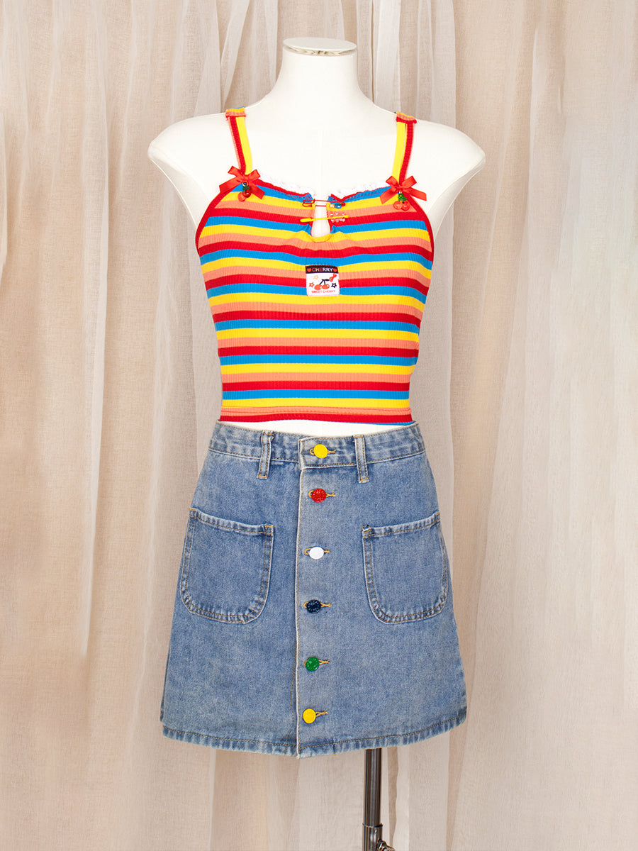 Rainbow Cherry Lace Up Backless Crop Cami Top with Accessories